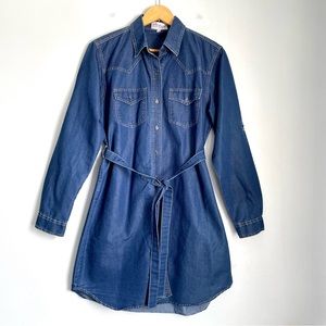 Evergreen Chambray Button Up Belted Shirt Dress Size Medium Dark Blue